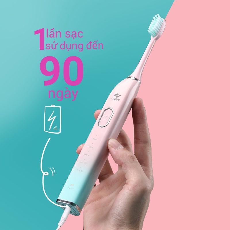 Bàn Chải Điện Sonic Life360 LE-BCD22A  - Chải Sạch Mảng Bám Tới 10 Lần, Chống Nước IPX7 - Màu Trắng & Hồng