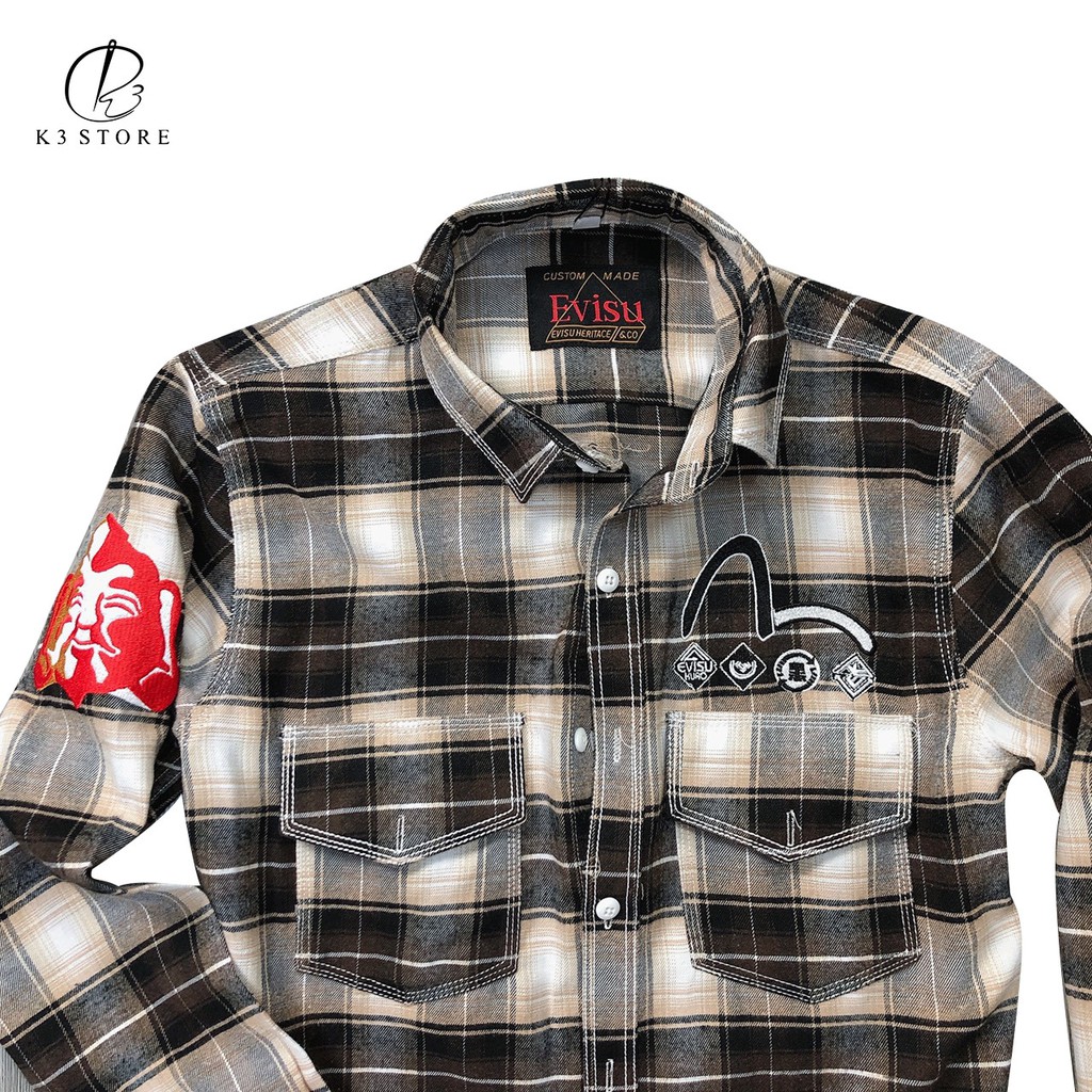 Áo sơ mi nam sọc caro thêu chữ nổi evisu neonew cá chép mèo bảo hành hình thêu K3 STORE | BigBuy360 - bigbuy360.vn