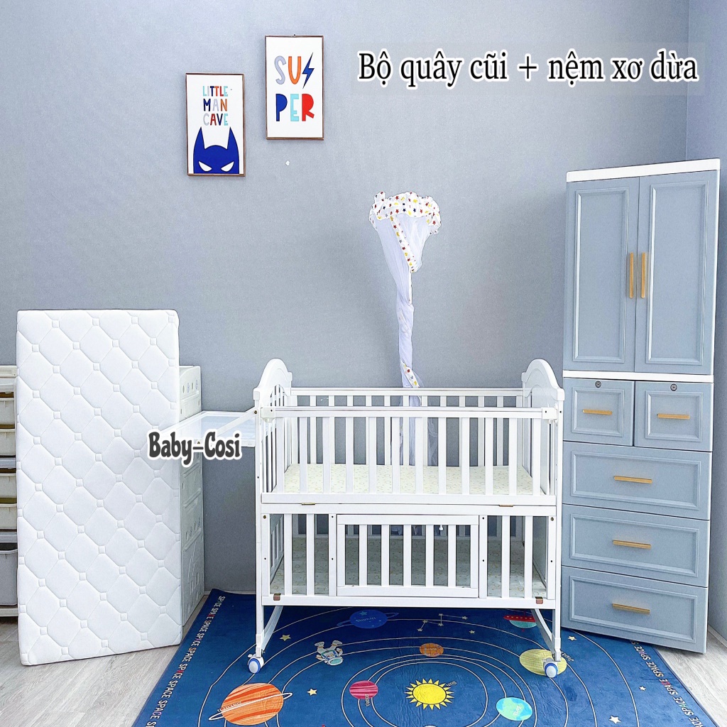 Nôi cũi gỗ giường đa năng cho bé 6in1 Baby Cosi Tặng kèm màn và bánh xe - Nôi gỗ dùng cho bé sơ sinh đến 6 tuổi