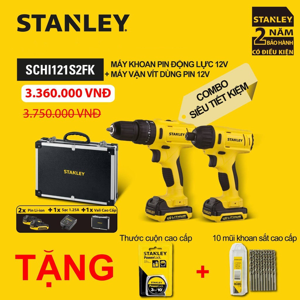 Bộ 2 Máy Khoan, Máy Bắt Vít Dùng Pin 1.5Ah Stanley 12V SCHI121S2FK