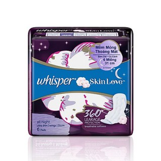 Băng Vệ Sinh Whisper SkinLove Siêu Mỏng Có Cánh Ban Đêm 31cm (Gói 6 Miếng)