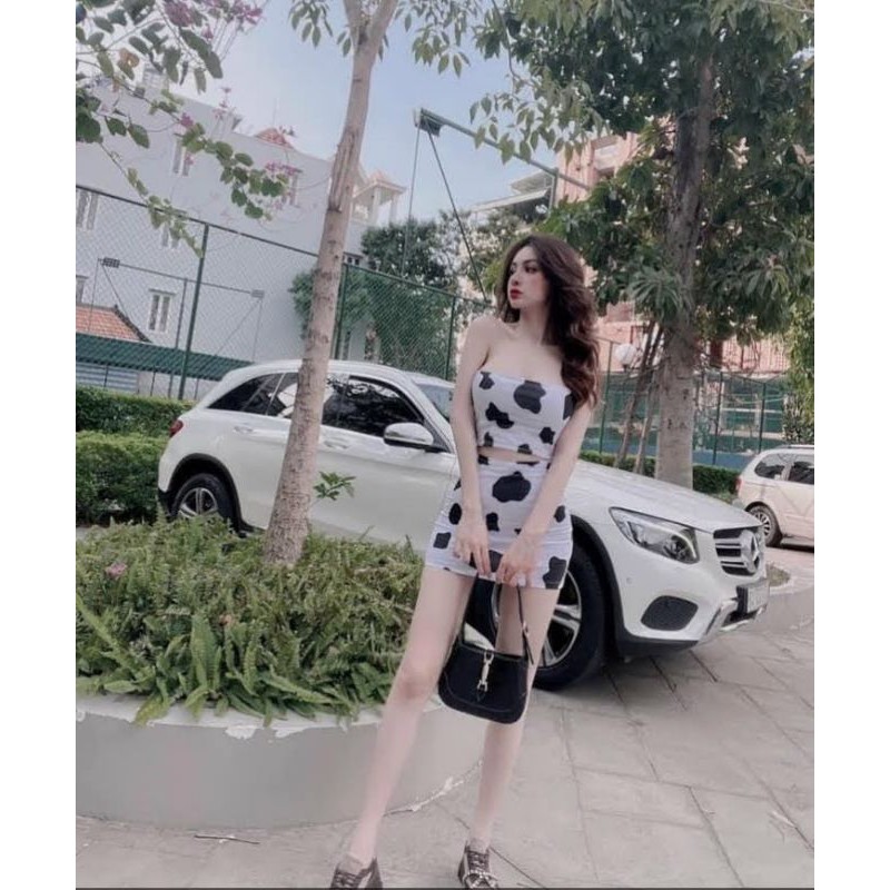 Sét chân váy ôm body + Áo ống họa tiết bò sữa chất thun Borip hàng y hình kèm ảnh thật chính chủ ( free size từ 40-53kg) | BigBuy360 - bigbuy360.vn