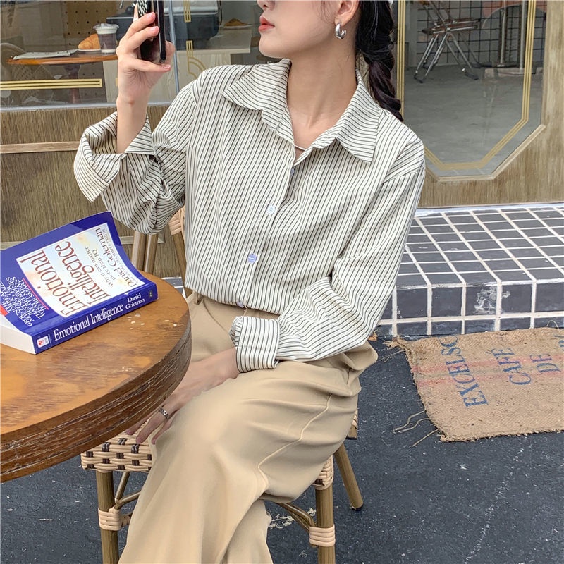 Áo Sơ Mi Tay Dài Kẻ Sọc Thời Trang Retro Cho Nữ