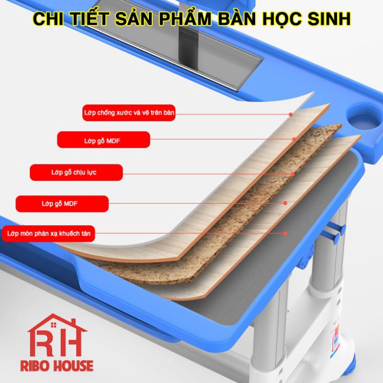 Bàn học sinh trẻ em RIBO HOUSE bộ bàn ghế size 80cm có đèn, chống gù, chống cận, điều chỉnh độ cao cho bé RIBO138