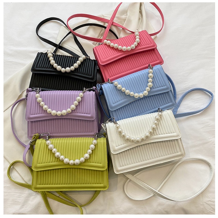 Túi Đeo JASMIN NOIR Chéo Nắp Gập In Họa Tiết Kẻ Sọc Đính Ngọc Trai Thời Trang Cho Nữ