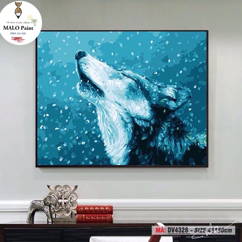 Tranh sơn dầu số hoá tự tô màu Tranh động vật Chó sói dưới mưa tuyết