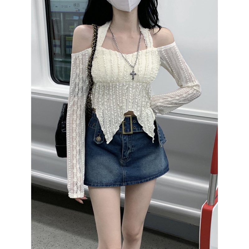 Áo Thun Tay Dài Lệch Vai Dáng Ôm Ngắn Thời Trang Quyến Rũ Cho Nữ