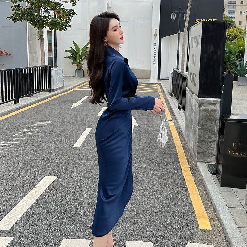 Đầm Sơ Mi Cổ V Xẻ Tà Chiết Eo Thiết Kế Trẻ Trung