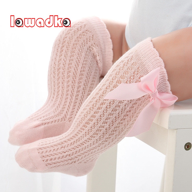 Vớ Cotton Dài Ngang Gối Chống Trượt Phối Lưới Đính Nơ Thời Trang Mùa Hè Cho Bé Sơ Sinh 0-2 Tuổi