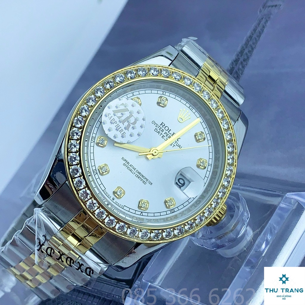 Đồng hồ nam Đồng hồ cơ Rolex dòng Automatic máy Nhật mặt trắng viền vàng đính đá dây demi size 40-41mm