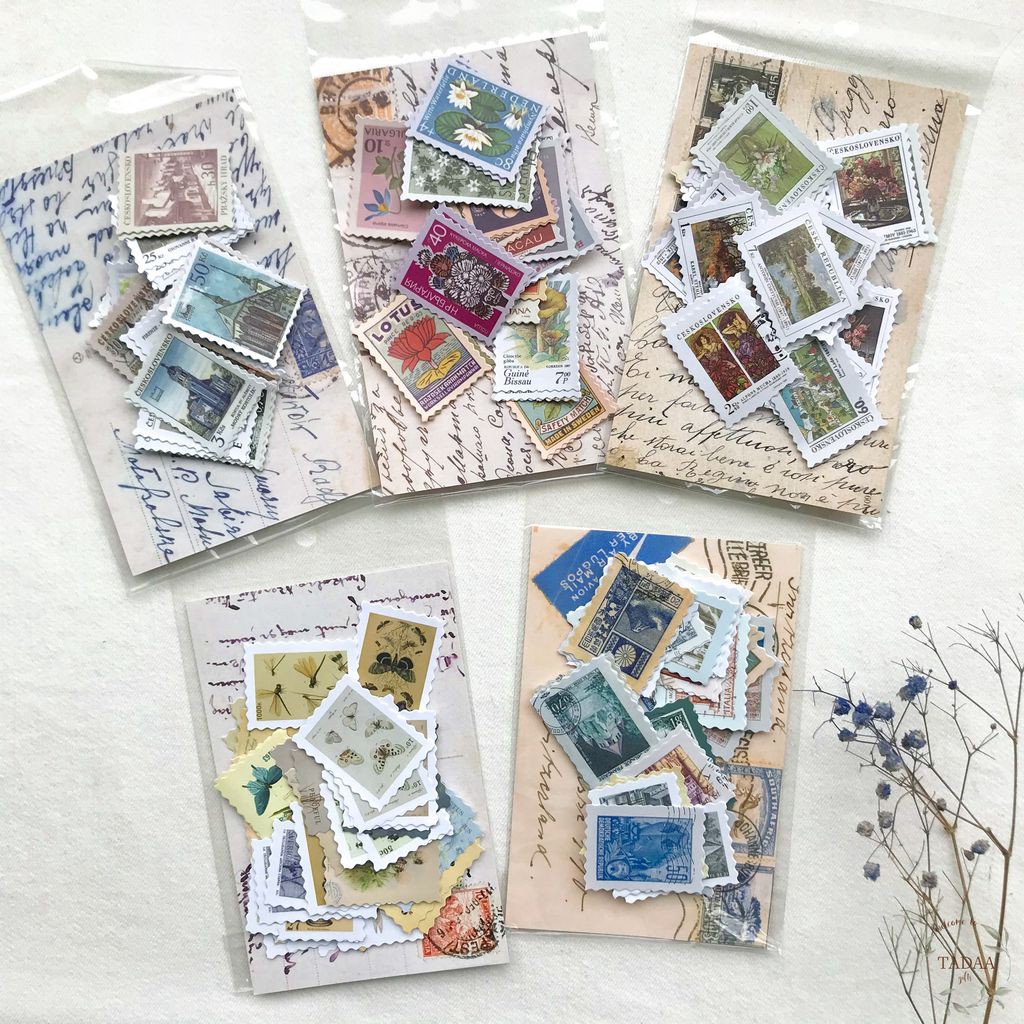 Set 46 sticker tem vintage hoa lá, butterfly, chuồn chuồn retro và phong cảnh màu sắc trang trí bì thư cổ điển