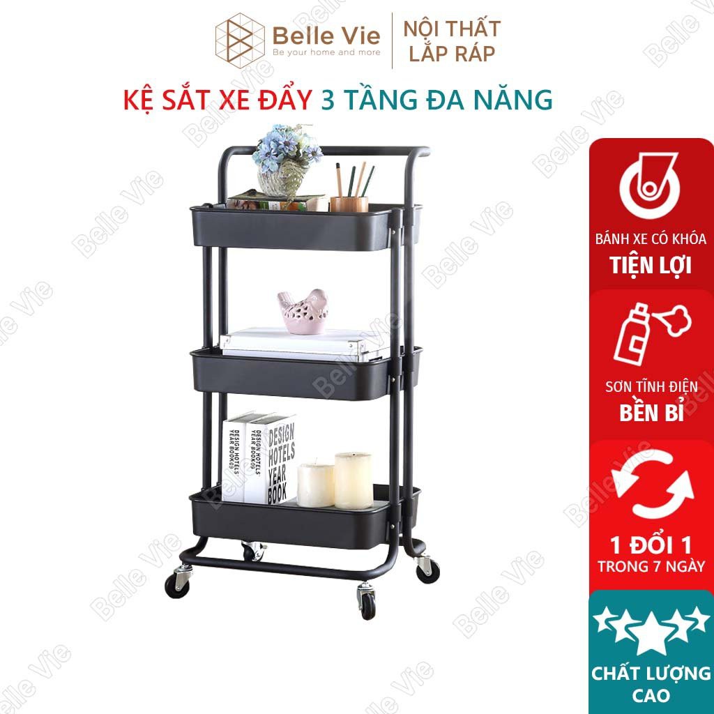 Kệ Sắt Đa Năng 3 BELLEVIE Xe Đẩy Có Bánh Xe Khay Nhựa ABS Có Tay Cầm Tiện Lợi