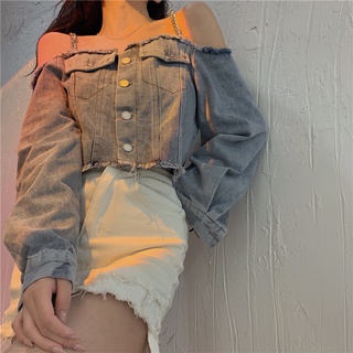 Áo Denim hở vai phối dây xích thời trang mùa thu cho nữ