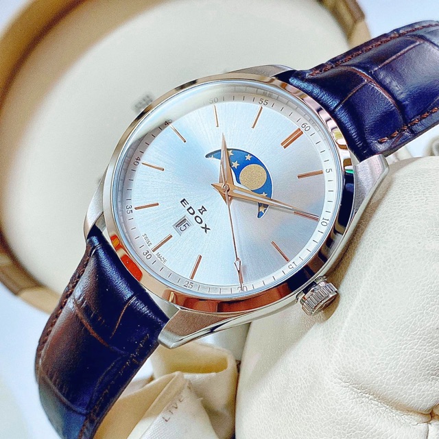 Đồng hồ nam Edox Les Vauberts Moonphase 79018-3-AIR Swiss Made, kính Sapphire chống trầy, case 42mm, dày 10mm