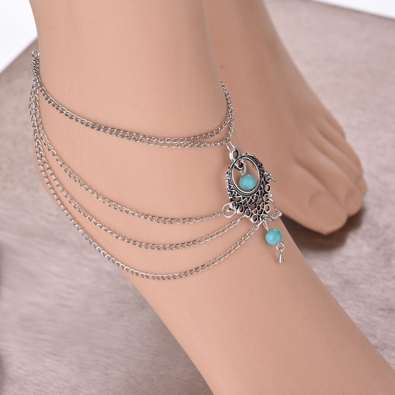 Vòng lắc chân nhiều lớp màu bạc kiểu Boho cho nữ