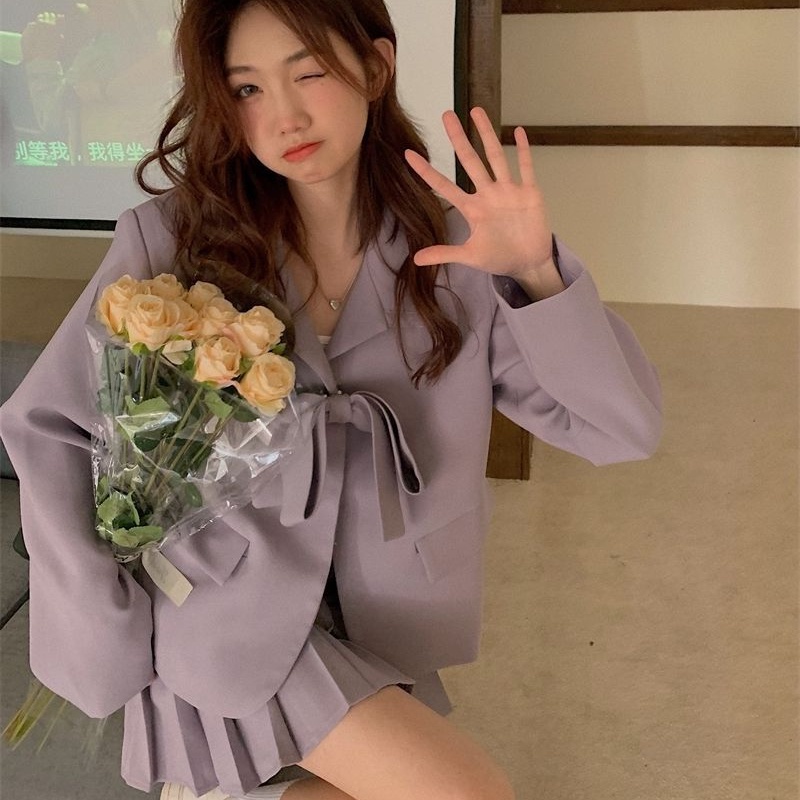 Chân váy xếp ly Perty / Áo khoác Perty thắt nơ phong cách Hàn Quốc dành cho nữ