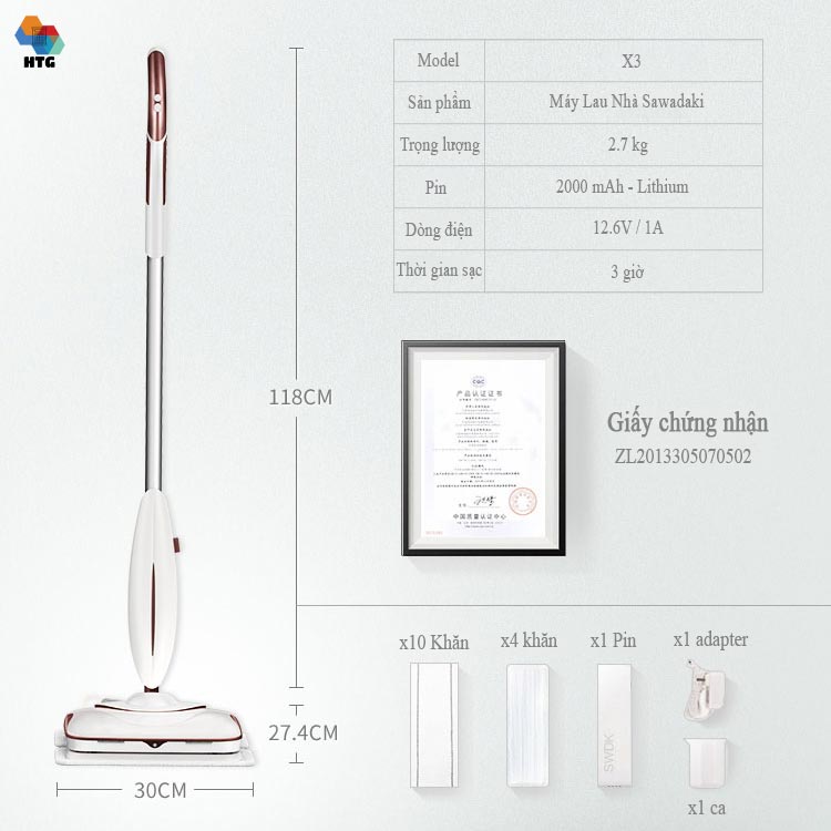 Máy Lau Nhà Không Dây Sawadaki X3  cầm tay công nghệ 4 in 1, trợ lực rung lau tần số 900 lần/phút sạch sâu, chính hãng