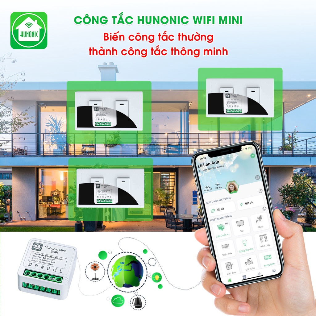 Công tắc thông minh Hunonic Wifi Mini - Hàng Chính hãng