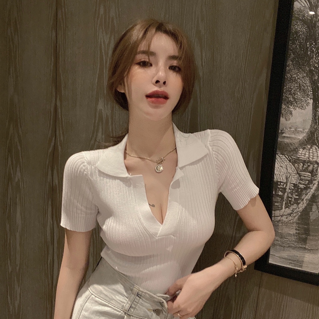 QADCOL Áo Thun Dệt Kim Tay Ngắn Cổ Chữ V Dáng Ôm Phong Cách retro Hàn Quốc Dành Cho Nữ