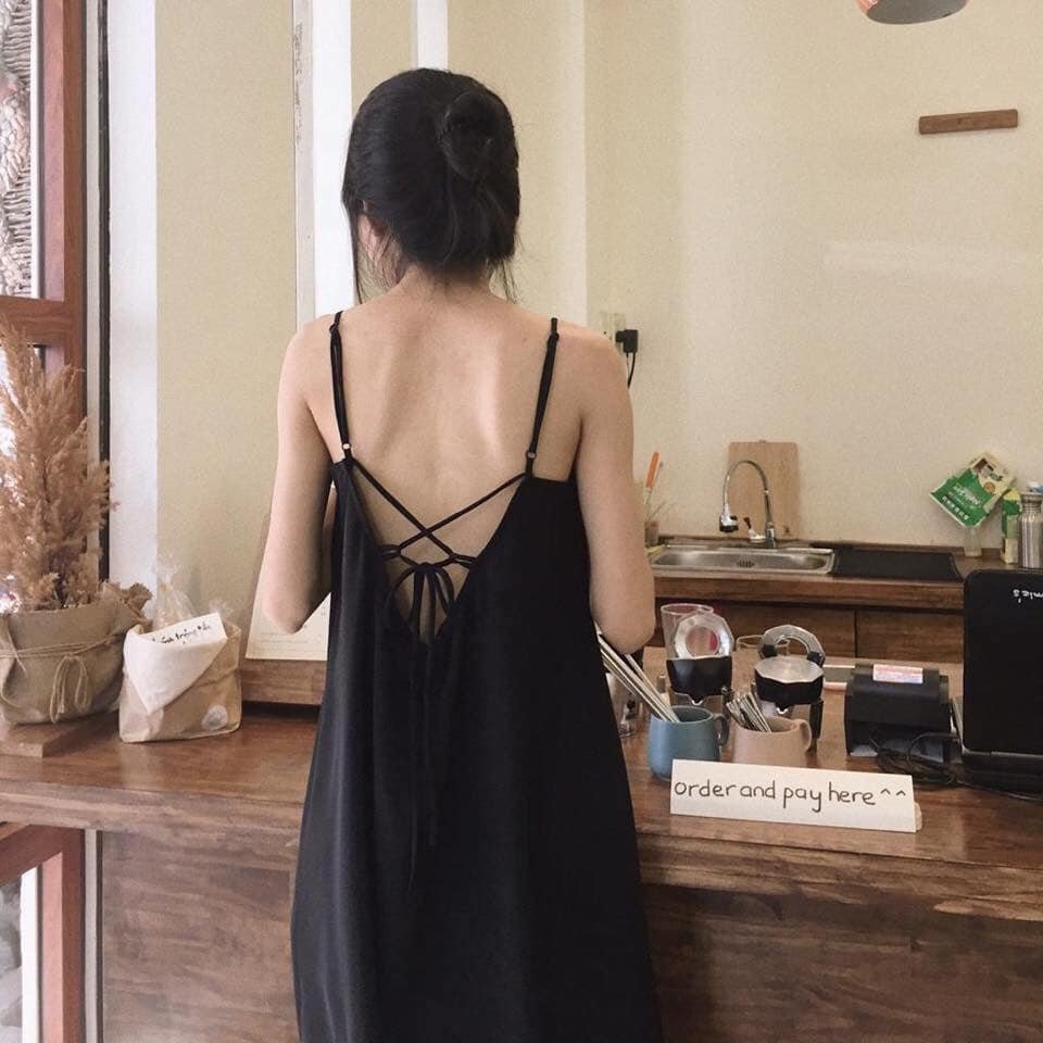 Đầm 2 dây dáng suông, Đầm đen hở lưng đi biển Cao Cấp cột nơ sau vải cotton mát mẻ, quyến rũ gợi cảm - MiNhi