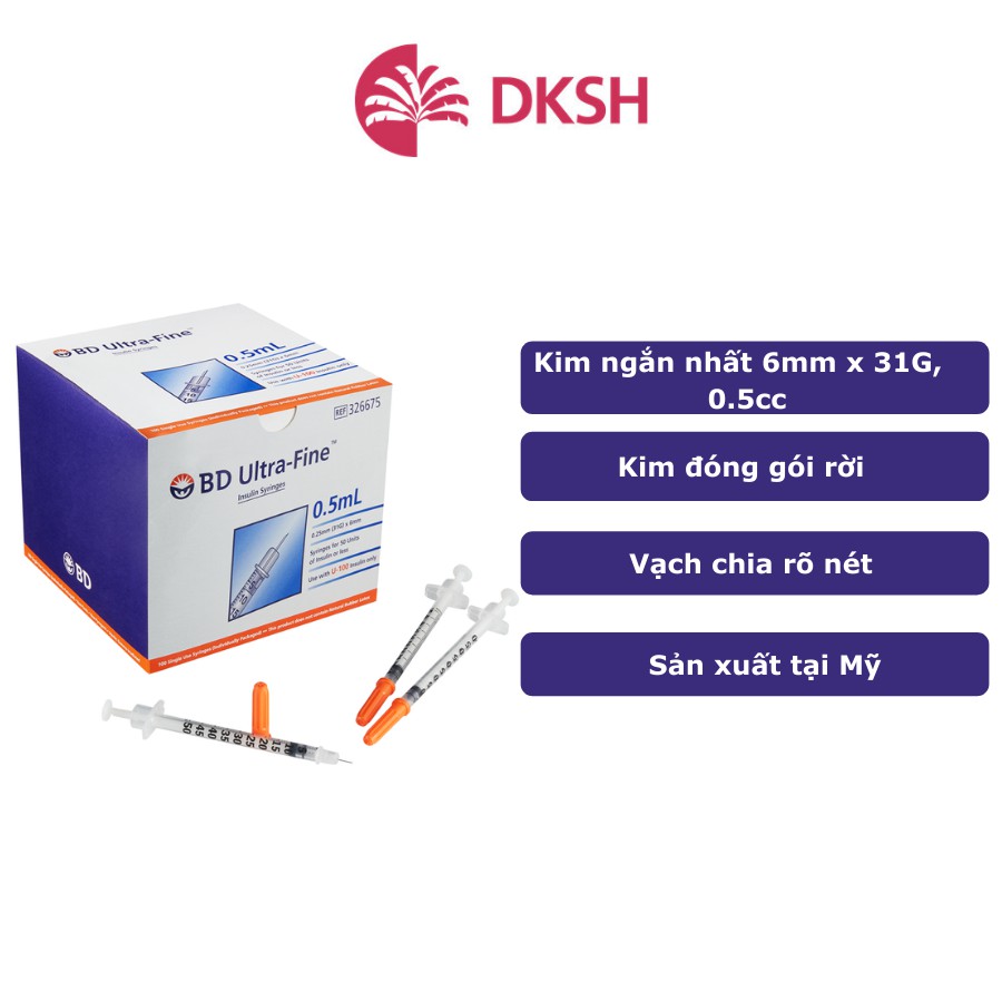 Bơm tiêm insulin Becton Dickinson Ultra-Fine™ 6mm, 0.5cc 31G dành cho người điều trị tiểu đường, hộp 10 túi (10 cây/túi)