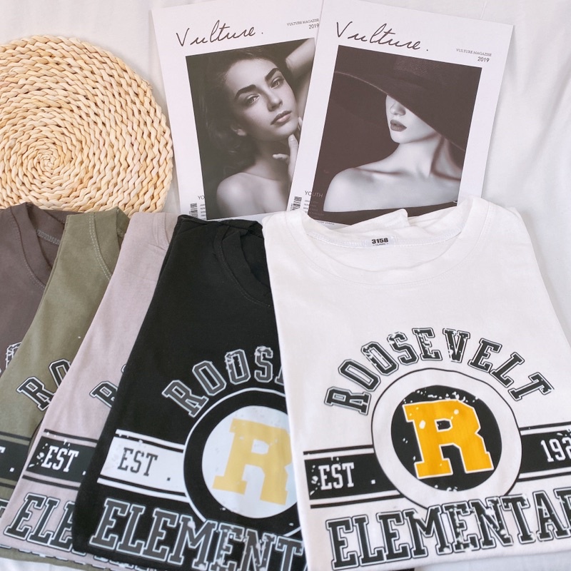 Áo phông 3158, áo thun tay lỡ form rộng chất cotton in hình R vàng