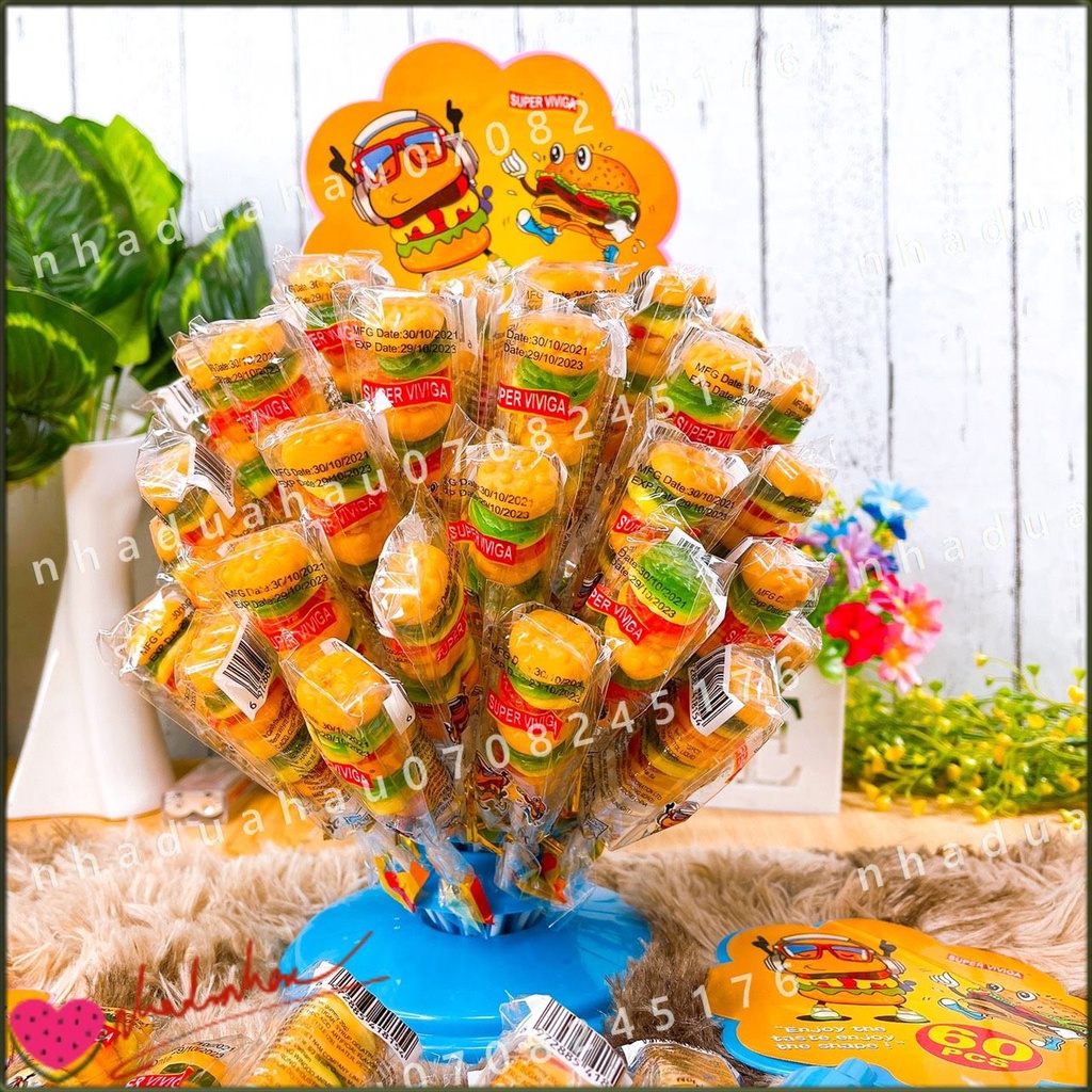 Sỉ-chùm 60 cây kẹo dẻo que hình bánh burger Viviga Honkong cây 18gam