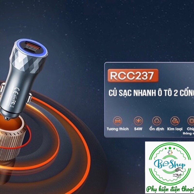 Củ sạc nhanh ô tô 2 cổng QC+PD 54W Remax RCC-237 Tẩu chân USB Type C điện thoại tự ngắt BH 1 đổi 1 chính hãng