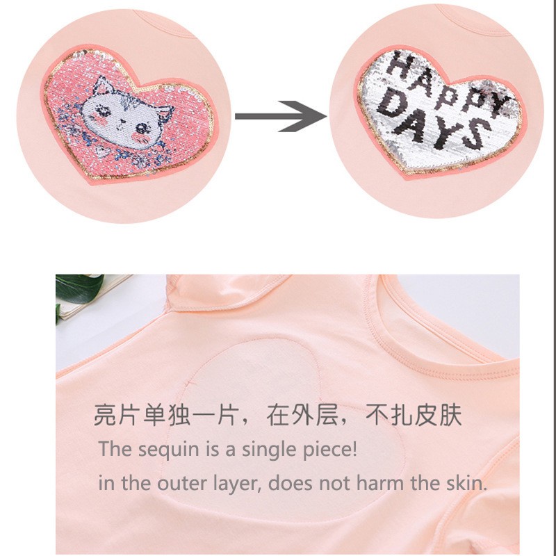 Áo Thun Cotton Tay Ngắn Đính Kim Sa Hình Kỳ Lân Thay Đổi Màu Sắc Cho Bé Gái