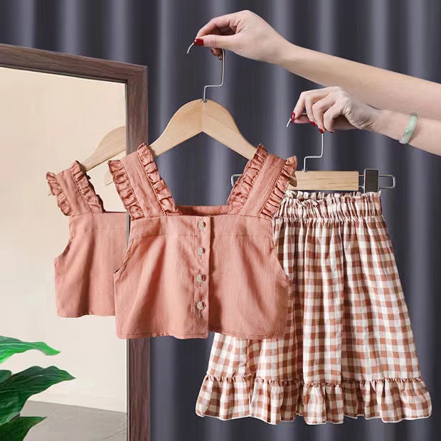 Bộ đồ  với áo và chân váy ngắn kẻ caro dễ thương thời trang mùa hè dành cho bé gái từ 1-6 tuổi