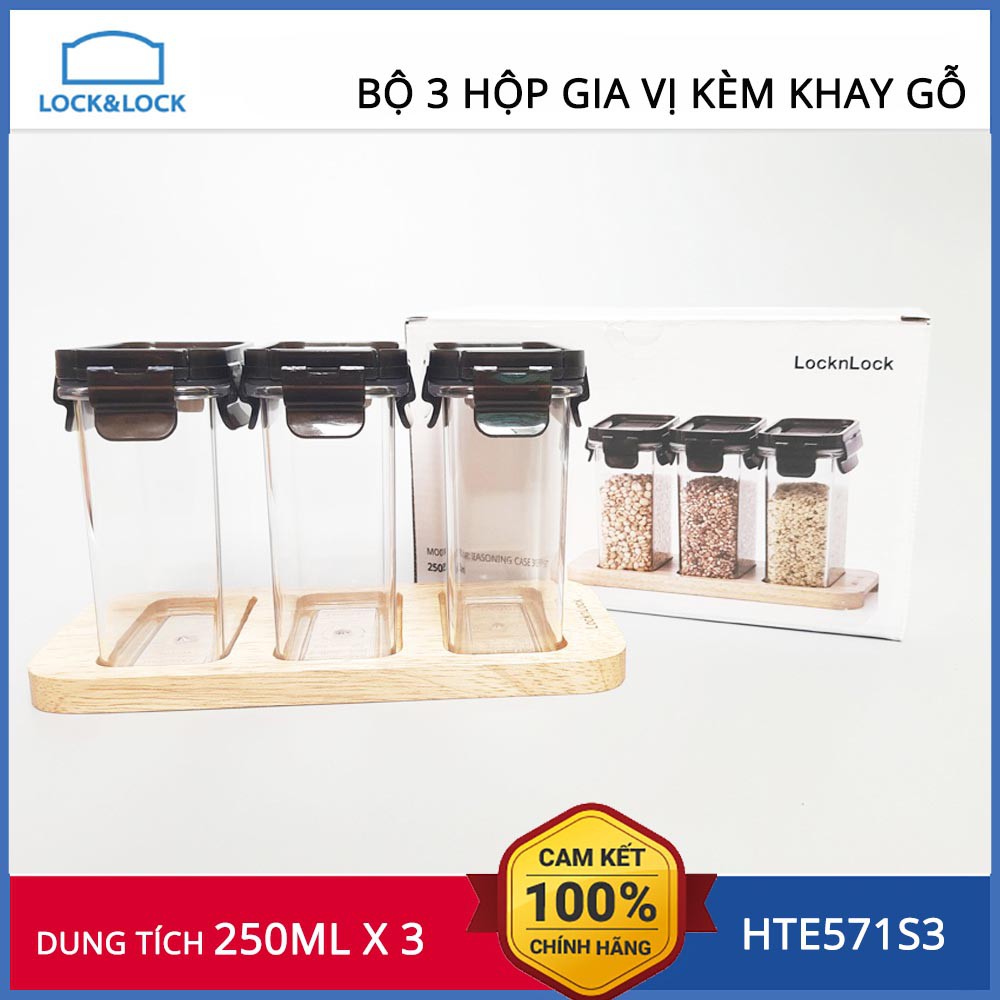 Bộ 3 hộp nhựa đựng gia vị 250ml kèm khay gỗ ngang LocknLock HTE571S3