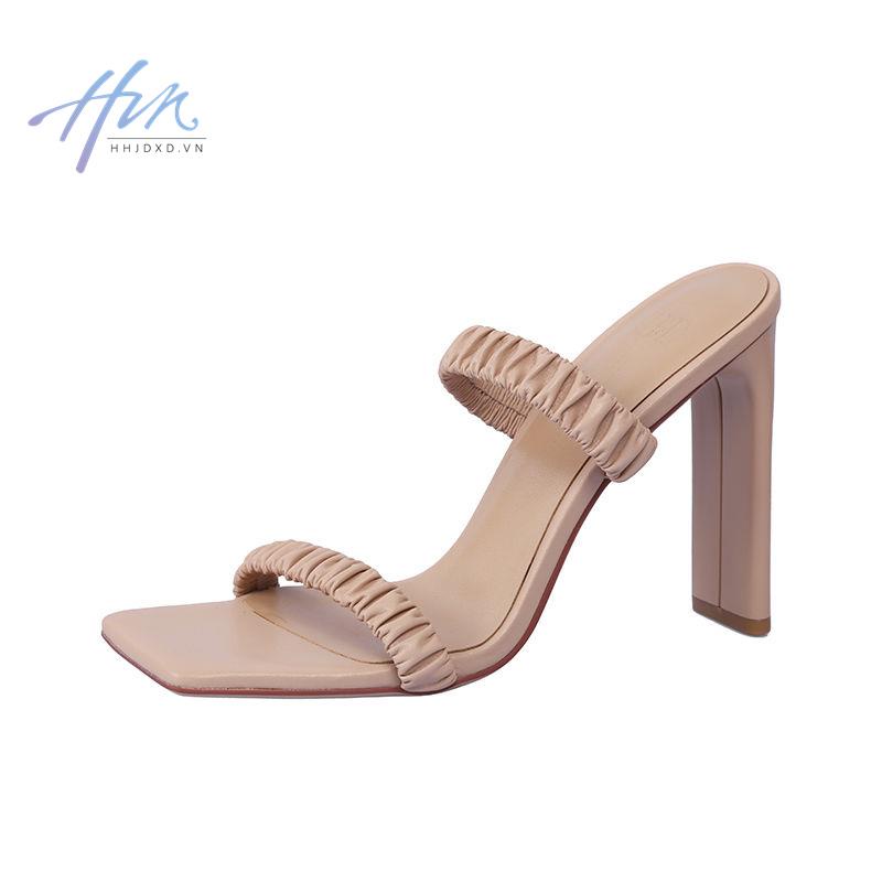 Dép Sandal Cao Gót Hở Ngón Quai Ngang Mũi Vuông 2022 Màu Sắc Nude Thời Trang Mùa Hè Dành Cho Nữ