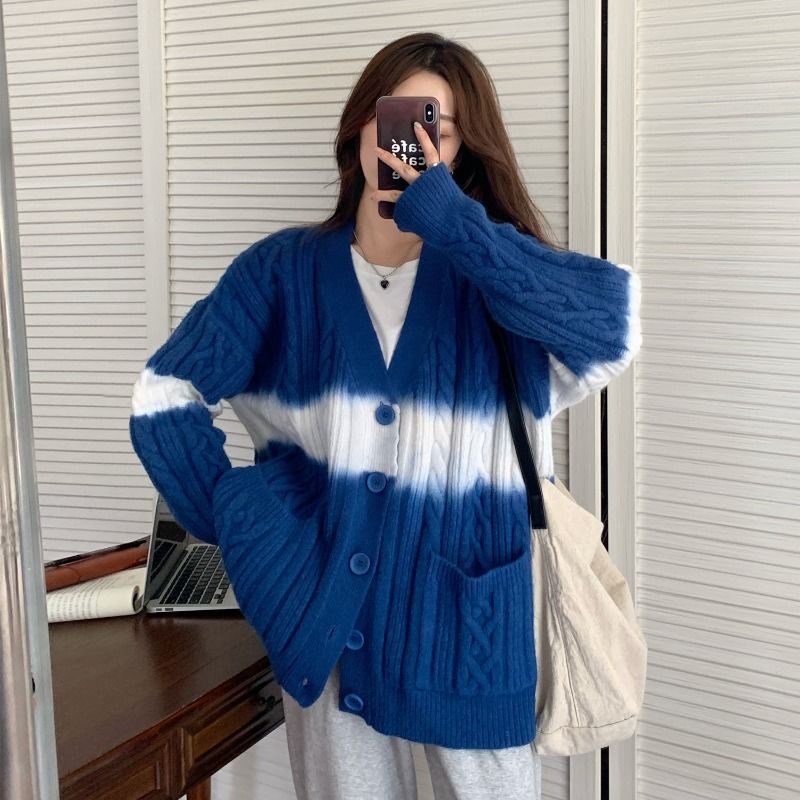 Áo khoác cardigan cổ chữ V tay dài nhuộm màu gradient phong cách Hàn Quốc mới cho nữ