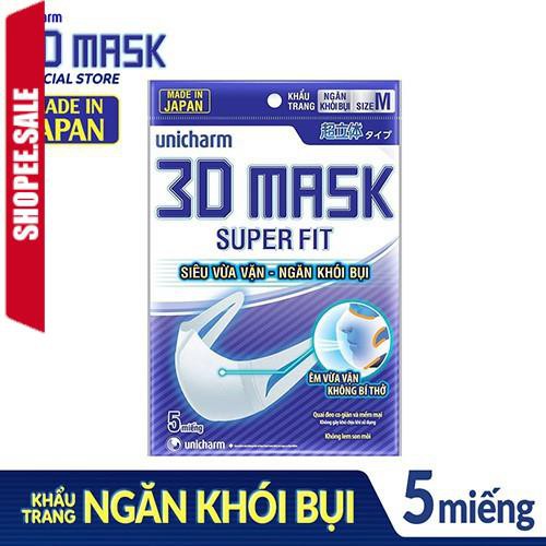 Khẩu trang ngăn khói bụi Unicharm 3D Mask Super Fit size M gói 5 cái