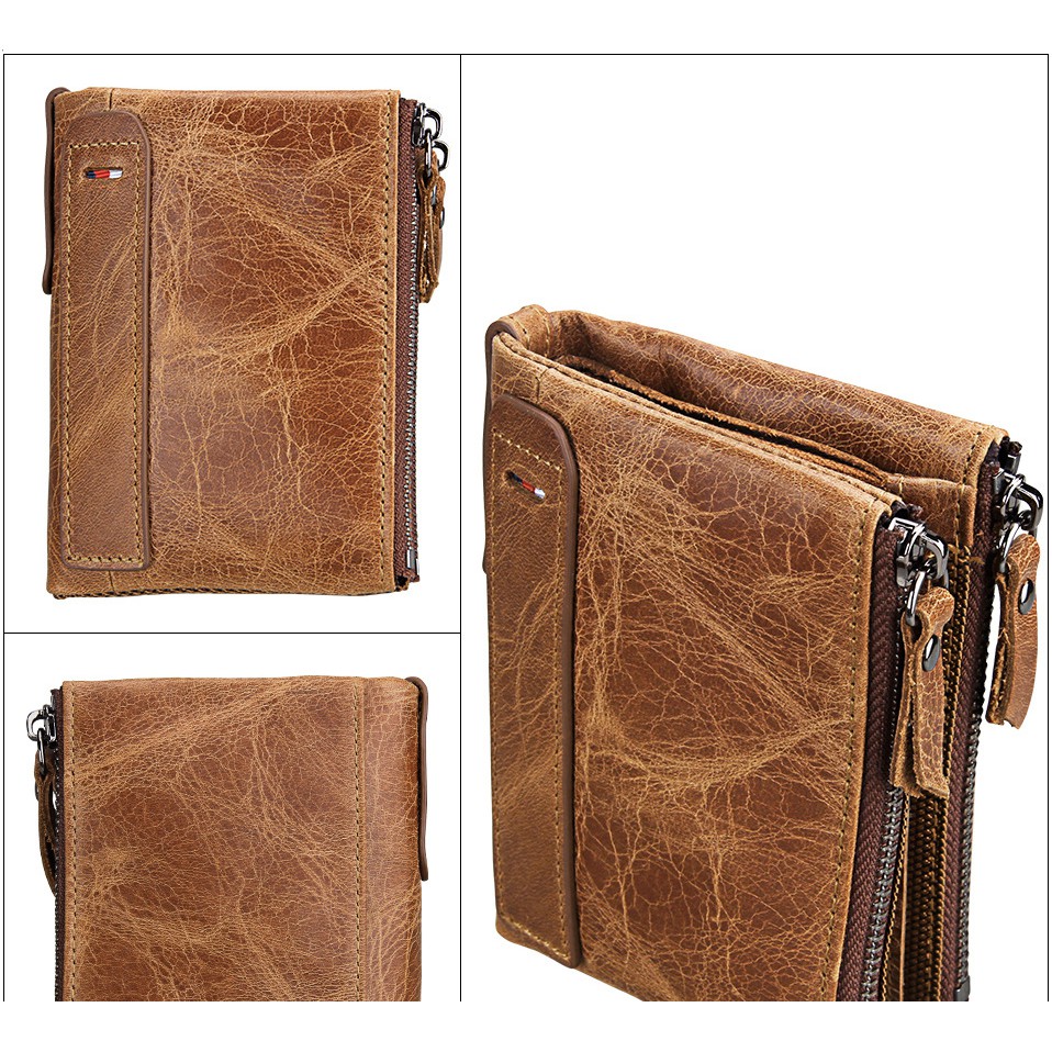 Ví Da Nam Cao Cấp Làm Từ Lớp Da Bò Thật Đầu Tiên Chống RFID Kiểu Dáng Ví Đứng Cầm Tay Nhỏ Gọn Phong Cách Thời Thượng