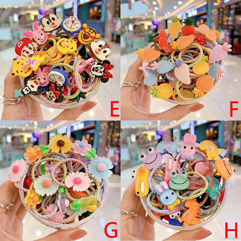 Hộp 30 dây buộc tóc co giãn họa tiết trái cây hoạt hình cho bé gái