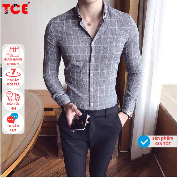 Áo sơ mi nam TCE kẻ caro xám tiêu dáng ôm vải dày co dãn