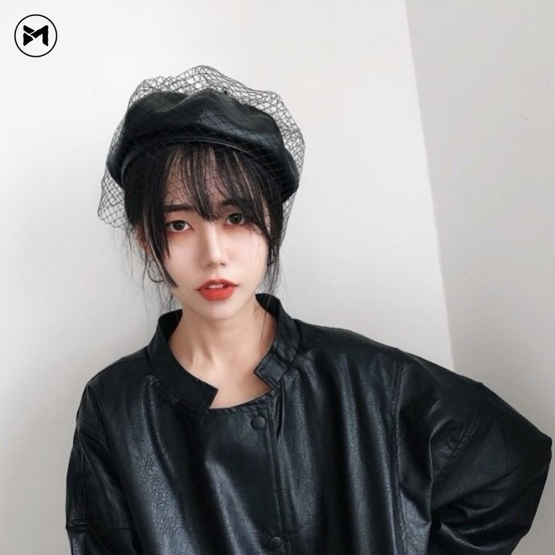Mũ Beret Da PU Phối Lưới Phong Cách Retro Cho Bạn Gái