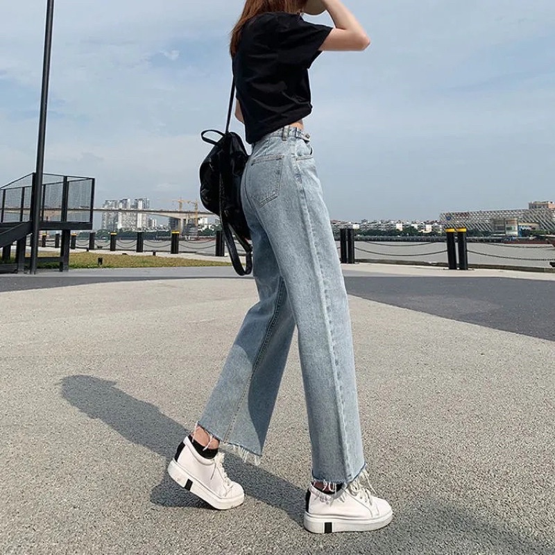 Quần Jean Denim Nữ Màu Xanh Basic Tua Gấu Cạp Cao Ống Suông Phom Đứng Phong Cách Ulzzang Dễ Phối Đồ Đủ Size Loại 1