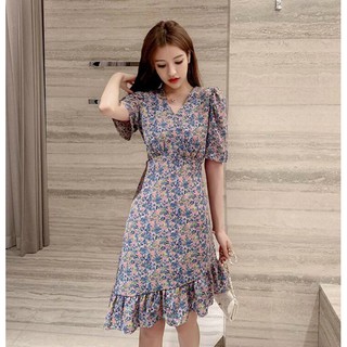 Đầm hoa nhí cổ tim bèo xéo