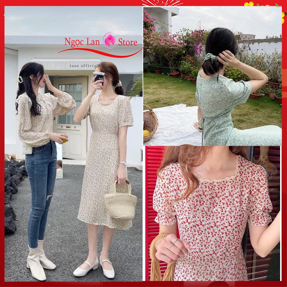 Váy hoa nhí cổ viền ren dáng dài 2 lớp