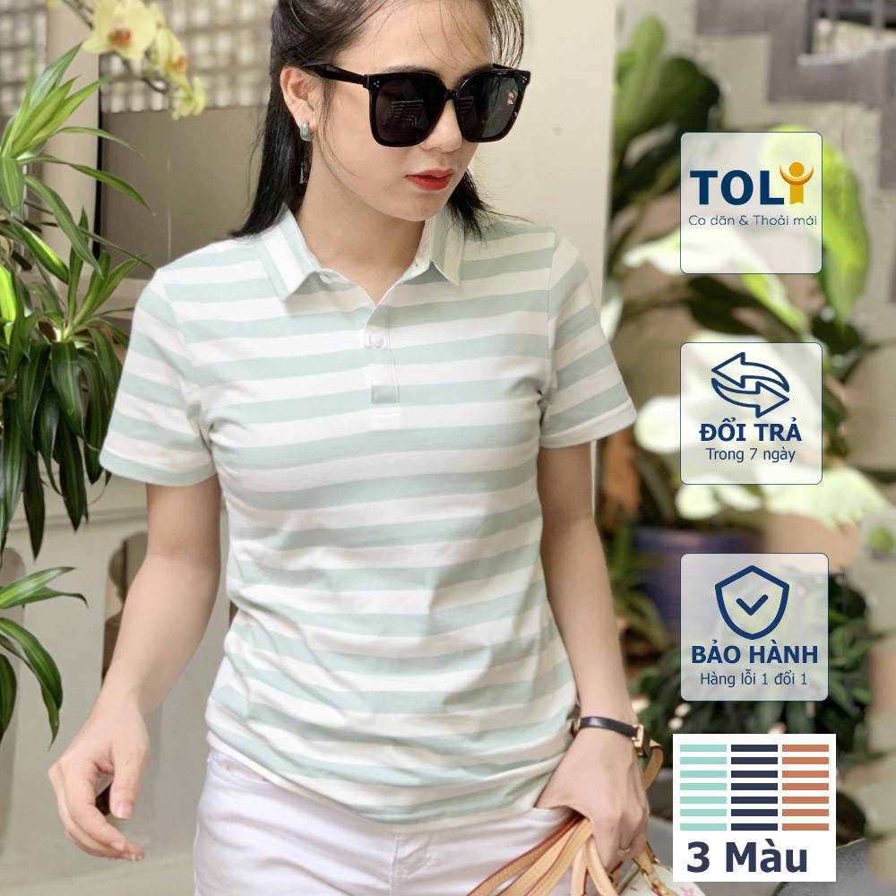 Áo phong nữ Cổ Sơ Mi (Cổ trụ) TOLI, chất cotton 4 chiều mềm mịn, co dãn Sọc ngang 2cm màu xanh thời trang