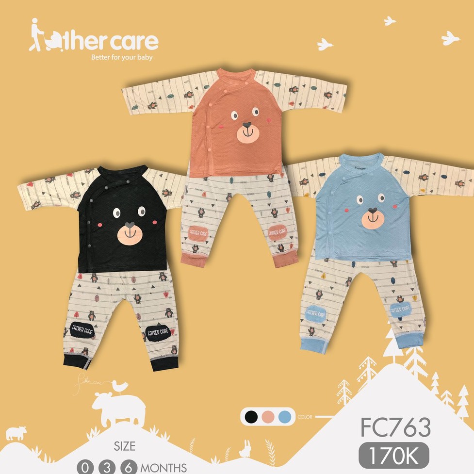 Bộ Quần áo sơ sinh FatherCare Cài Lệch Dài tay - Gấu (Trơn-Họa Tiết) FC763 0M-3M-6M