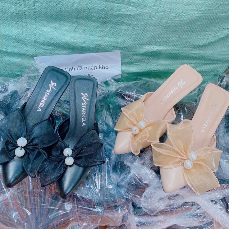 [Kho bán sỉ giày nữ] Guốc sục cao gót nơ ren gót nhọn 7p sang xịn