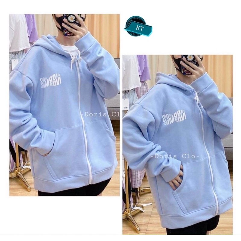 áo khoác nỉ mũ khoá kéo xanh ngọc logo chữ trắng