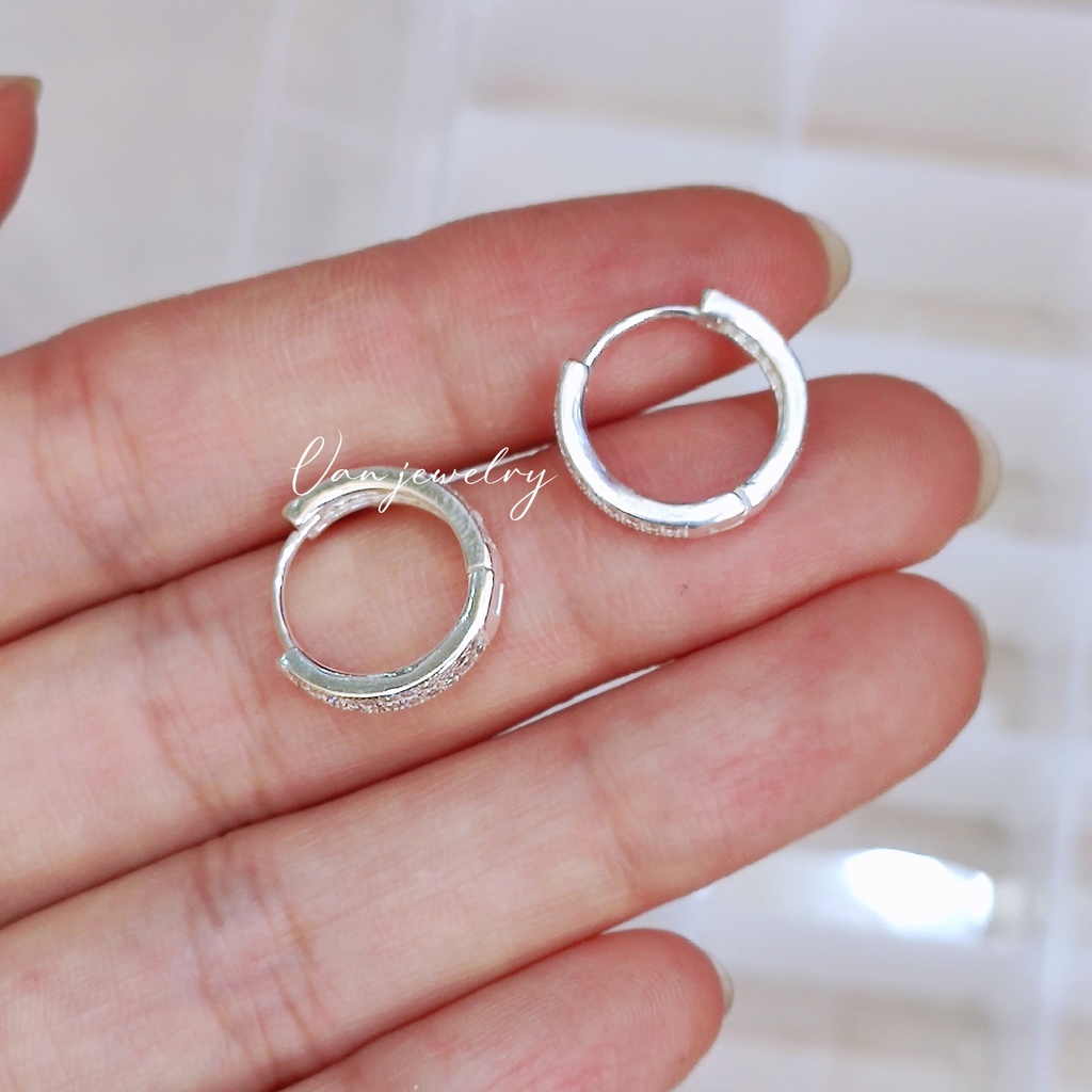 Khuyên tai bạc Khuyên tròn sát tai đính 2 hàng đá mẫu bấm 12mm Van Jewelry V10753