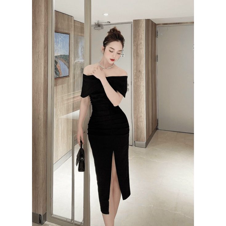 Đầm Body Trễ Vai Xẻ Tà Phối Tay Trùm Chất Umi Có Mút Ngực Mặc Đẹp Siêu Xinh [NEW UNISEX]