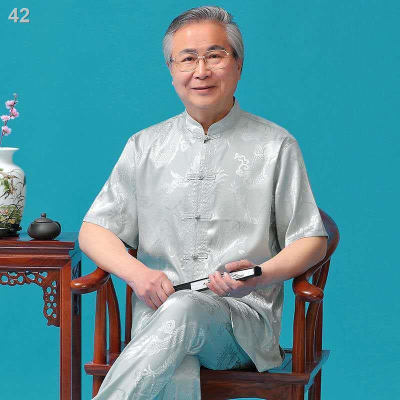 Jlụa băng mùa hè mới Bộ đồ Tang suit ông nội ngắn tay cho người trung niên và già Quần áo nam kiểu Quốc