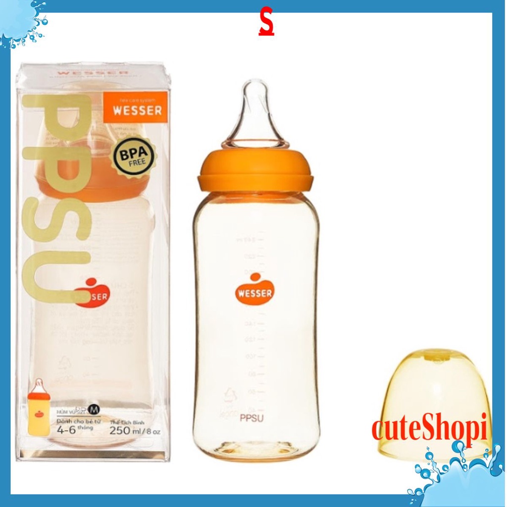 Bình Sữa Wesser PPSU Cổ Hẹp, Bình Sữa Cho Bé Sơ Sinh Dung Tích 60ml - 140ml - 250ml