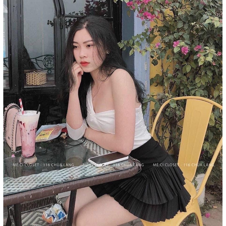 Chân váy xếp ly ngắn xòe sang chảnh_ màu đen lụa cát có quần trong